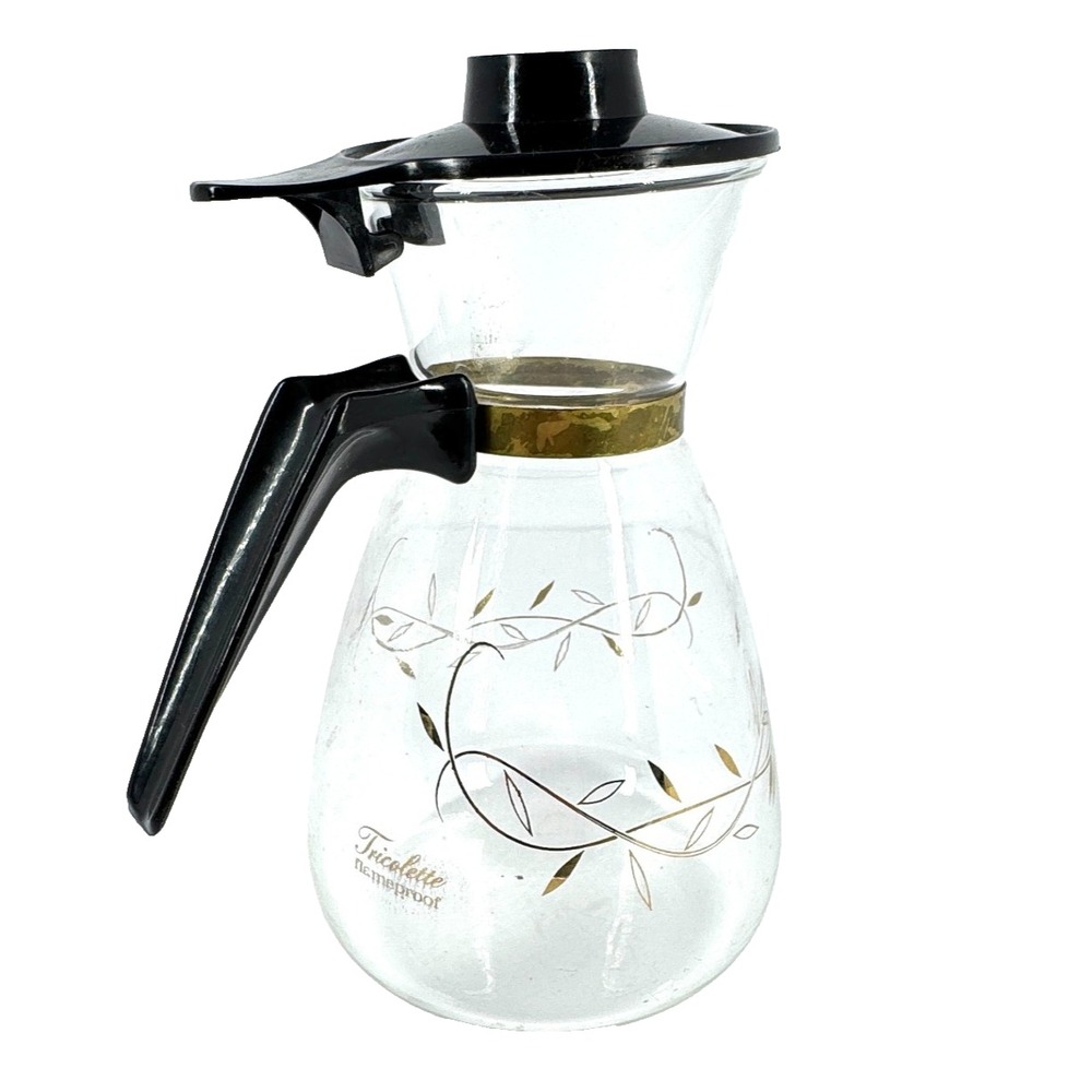 Vintage Tricolette Flameproof Glass Coffee Carafe Gold Vines Black Handle 4 Cup